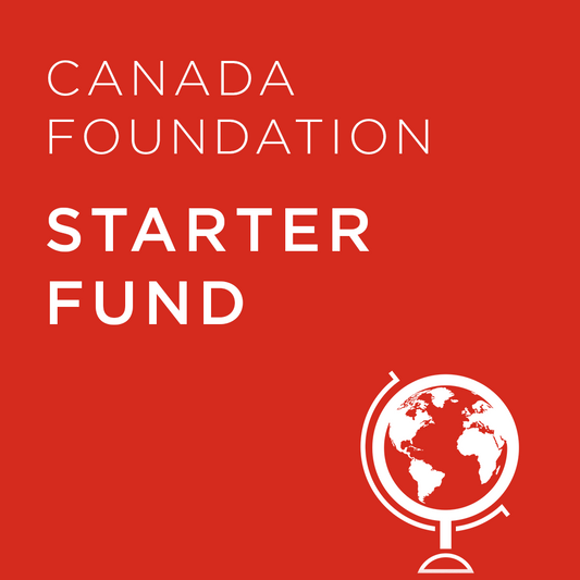 Vivid red background with 'Canada Foundation Basic Fund' text and a globe icon.