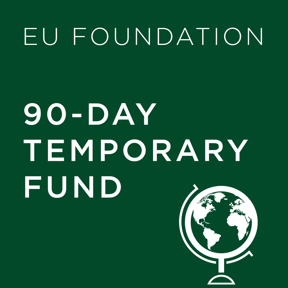 Dark green background with 'EU Foundation 90-Day Temporary Fund' text and a globe icon.