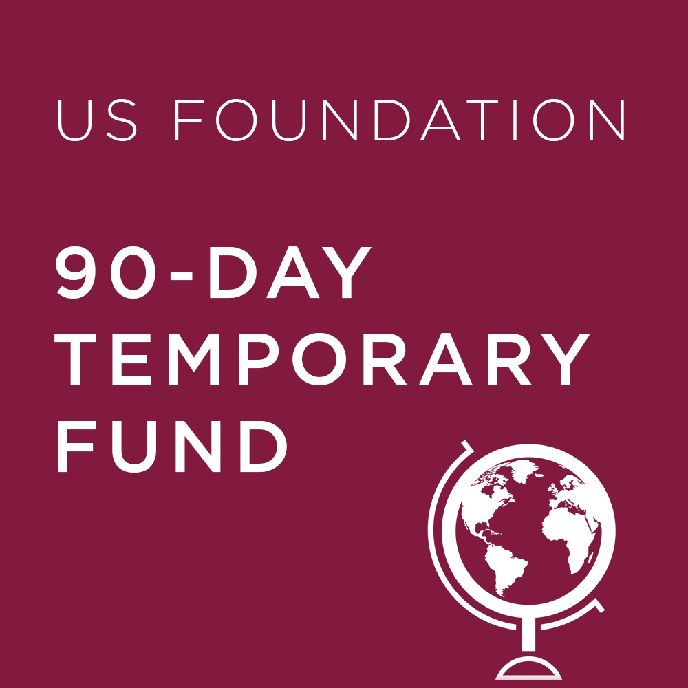 Burgundy background with 'US Foundation 90-Day Temporary Fund' text and a globe icon.