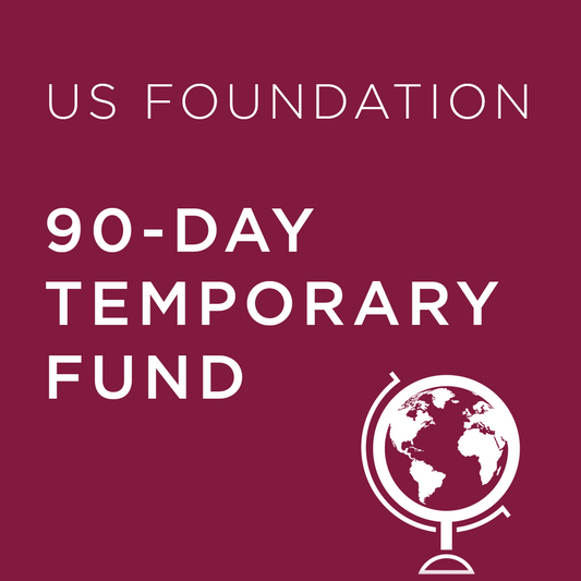 Burgundy background with 'US Foundation 90-Day Temporary Fund' text and a globe icon.